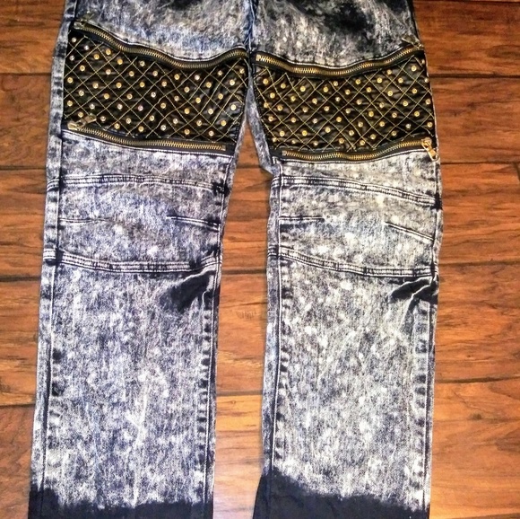 NWT Men Designer Rhinestone & Leather Skinny Jeans - Picture 4 of 8